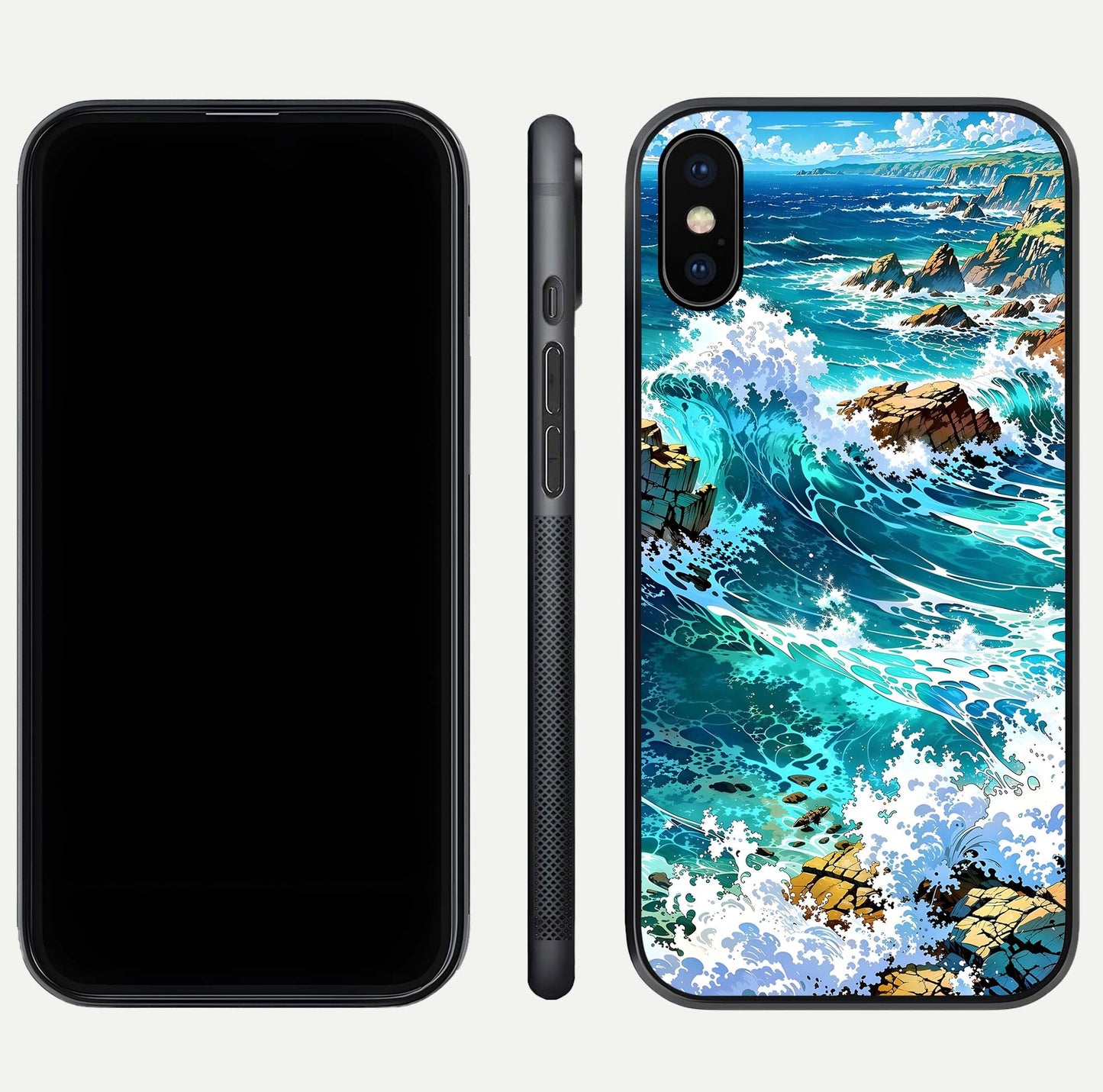 Coastal Blue Waves Glass Case for iPhone Xs Max dual-view layout displaying sea tones and curved finish