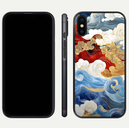 Colored Waves Glass Case for iPhone Xs Max front & back layout showing smooth edges and vivid print tones