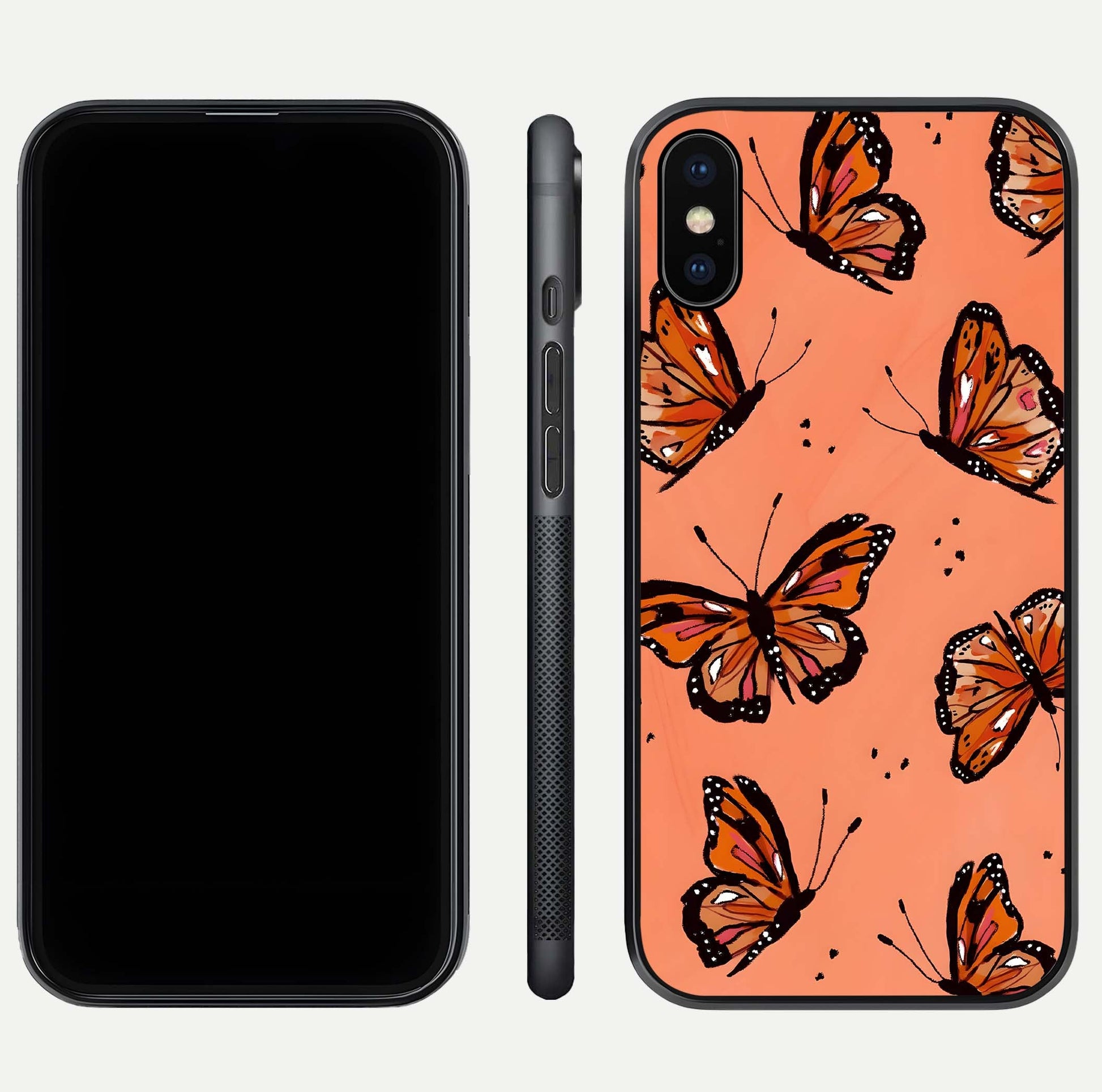 Coral Wing Butterfly Glass Case for iPhone Xs Max dual-view layout displaying soft floral tones and curved edges