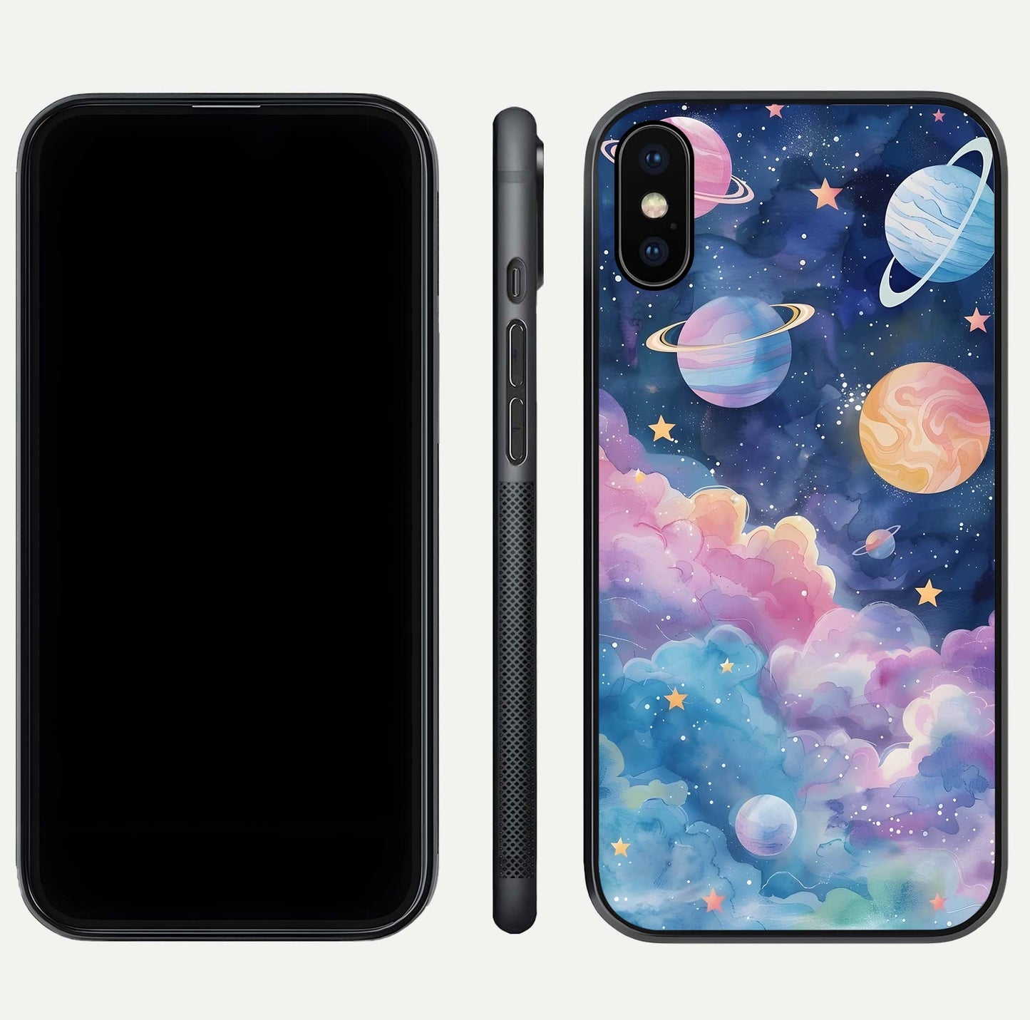 Cosmic Planet Dreams Glass Case for iPhone Xs Max dual-view layout displaying galaxy colors and curved finish
