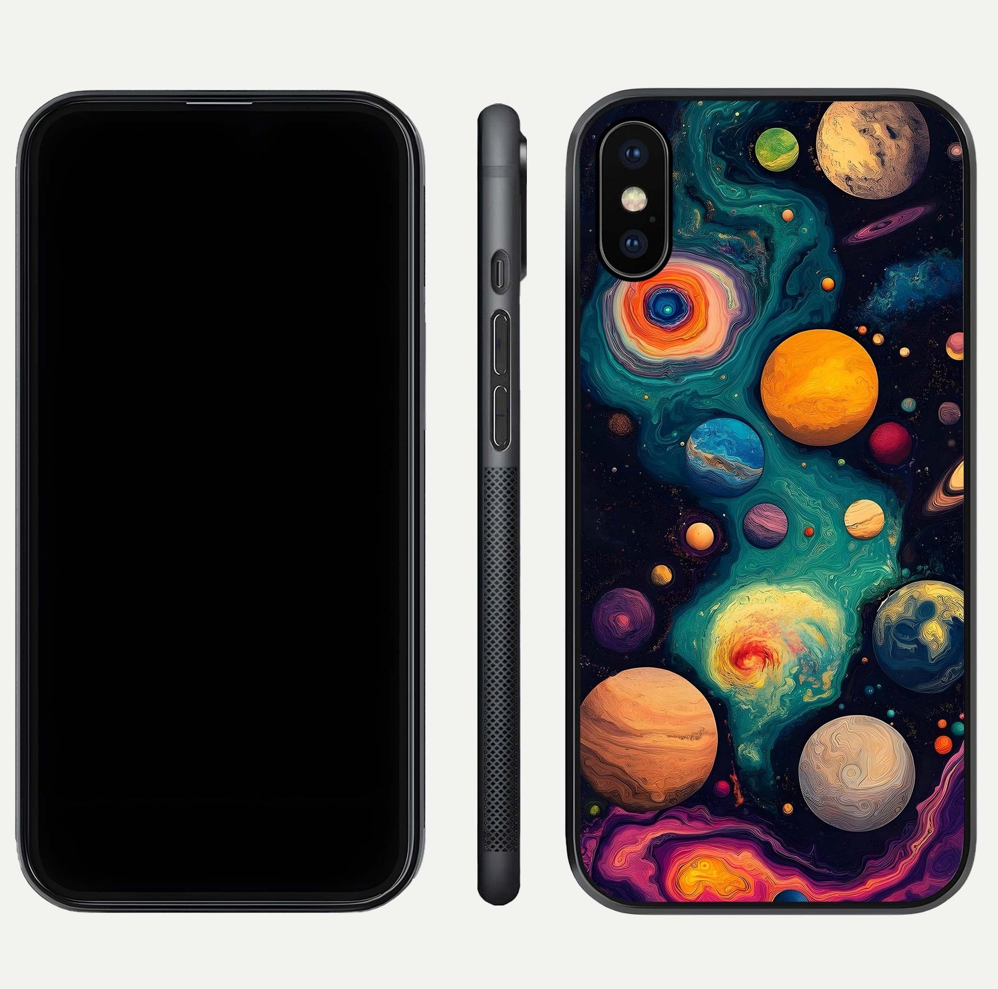 Cosmic Planet Journey Glass Case for iPhone Xs Max dual-view layout displaying colorful cosmic balance