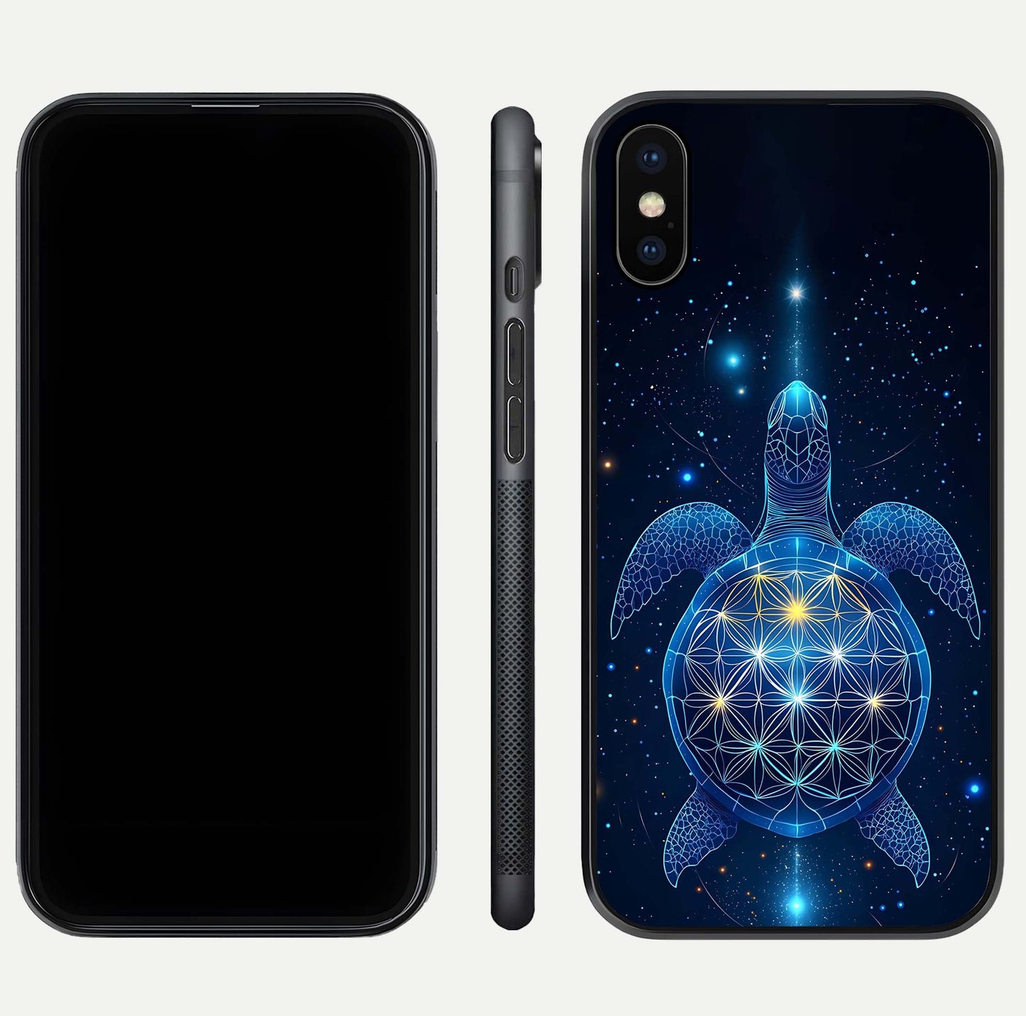 Crimson Blue Turtle Glass Case for iPhone Xs Max dual-view layout displaying ocean tones and HD finish