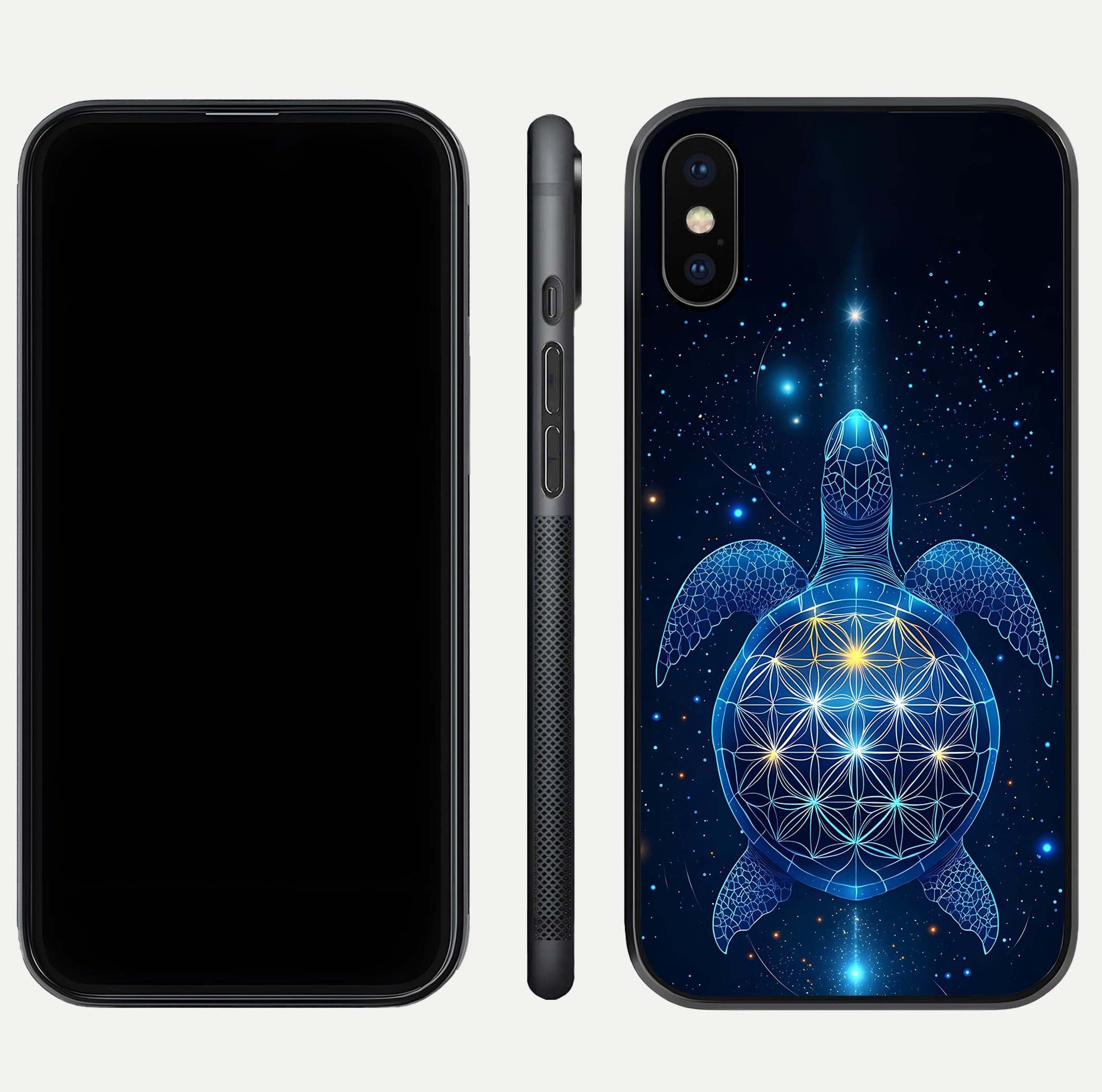 Crimson Blue Turtle Glass Case for iPhone Xs Max dual-view layout displaying ocean tones and HD finish