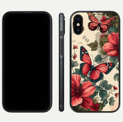 Crimson Butterfly Garden Glass Case for iPhone Xs Max dual-view layout displaying floral patterns and edge finish