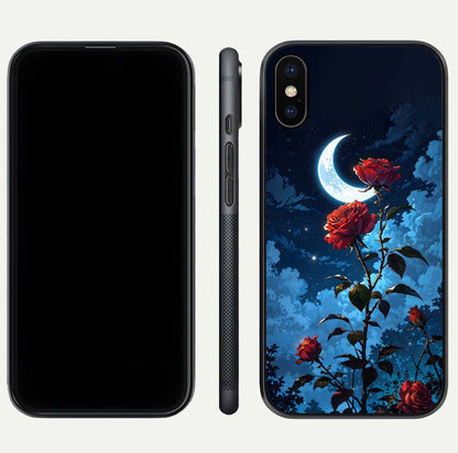 Crimson Rose Moon Glass Case for iPhone Xs Max dual-view layout displaying red tones and soft gloss