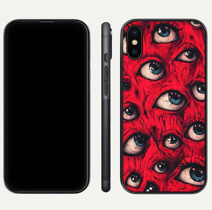 Crimson Watch Eyes Glass Case for iPhone Xs Max dual-view layout displaying abstract tones and curved edges