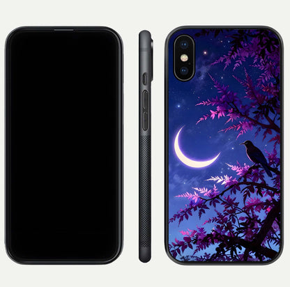 Crow & Moon Scenery Glass Case for iPhone Xs Max dual-view layout displaying night sky art and curved glass edges