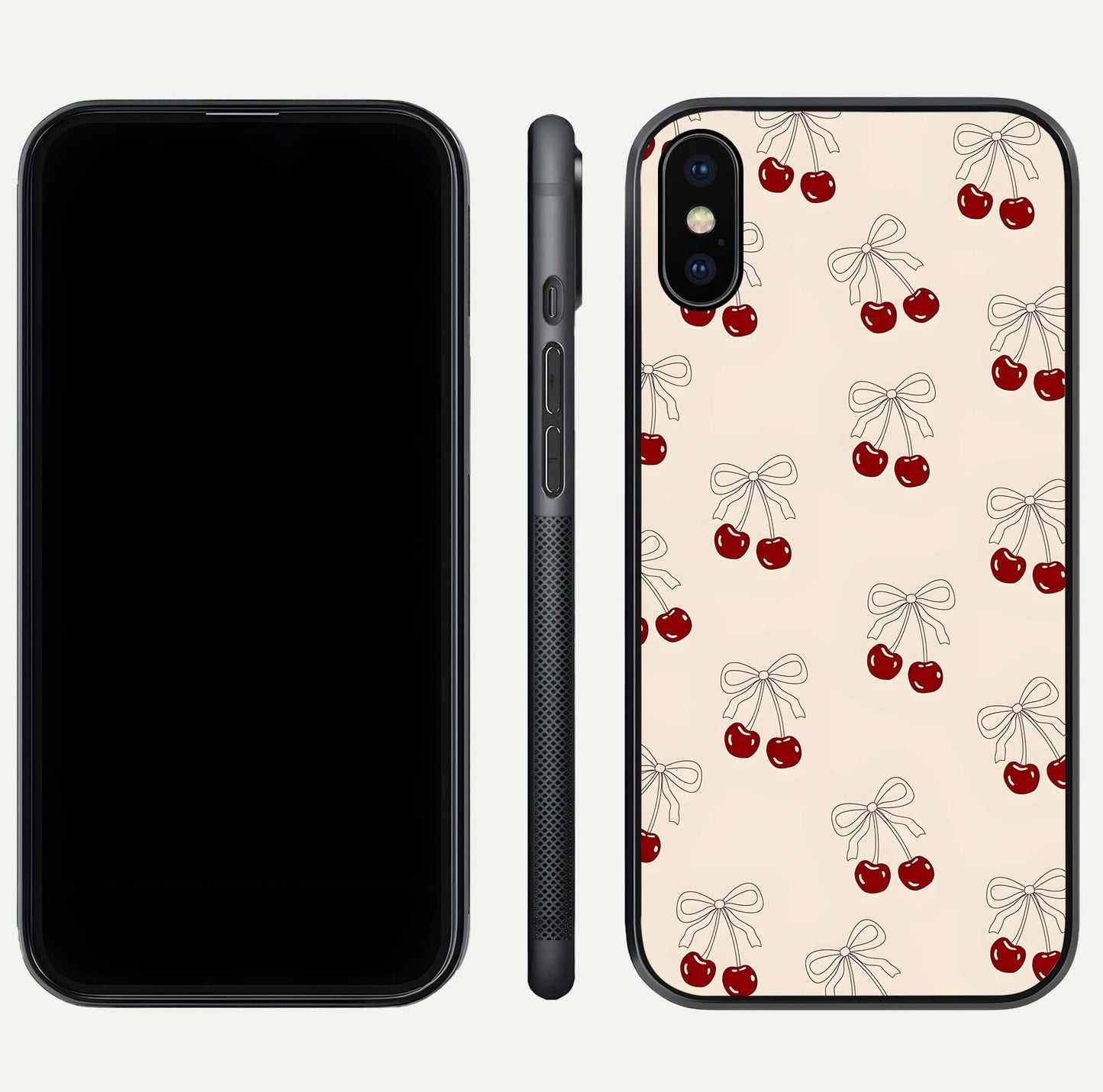 Cute Cherry Pattern Glass Case for iPhone Xs Max dual-view layout displaying aesthetic fruit print and smooth edges