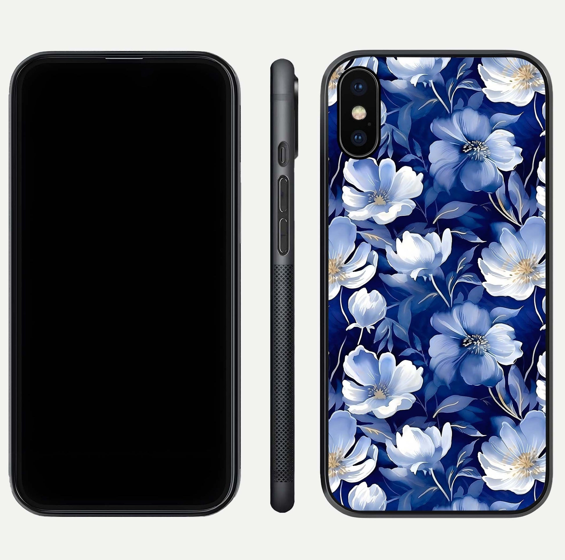 Cute Floral Patterns Glass Case for iPhone Xs Max dual-view layout displaying HD floral print and curved edges