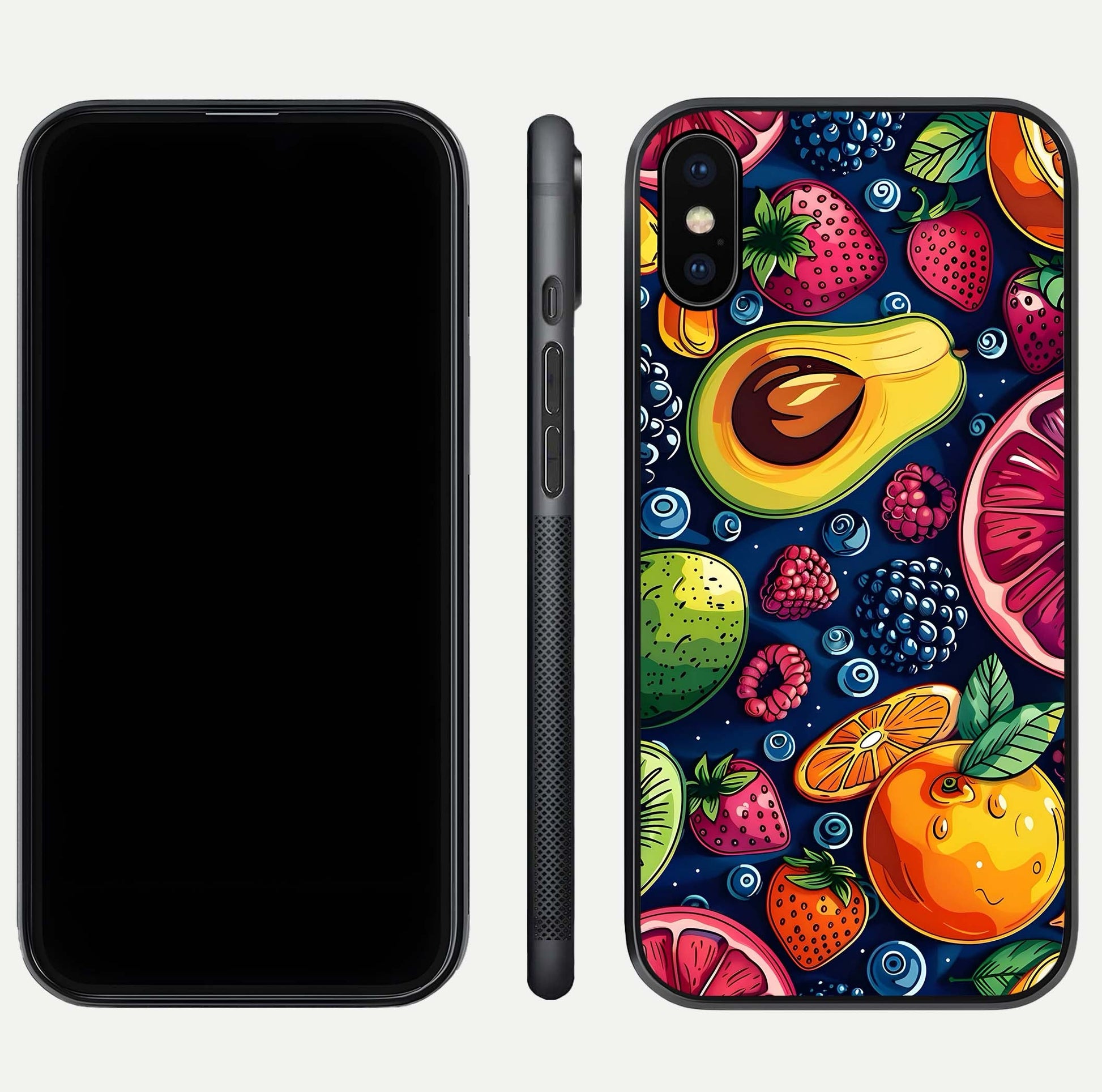 Cute Fruits Art Glass Case for iPhone Xs Max dual-view layout displaying playful tones and curved design