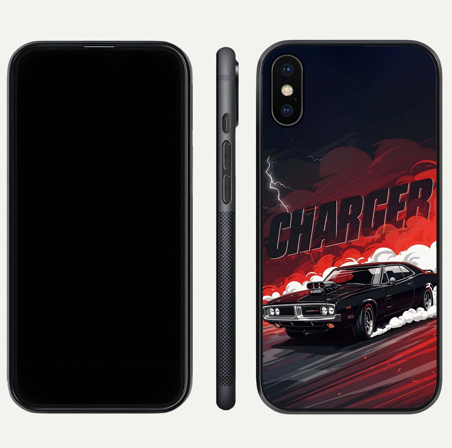 Dark Charger Fury Glass Case for iPhone Xs Max dual-view layout displaying HD design and polished edges
