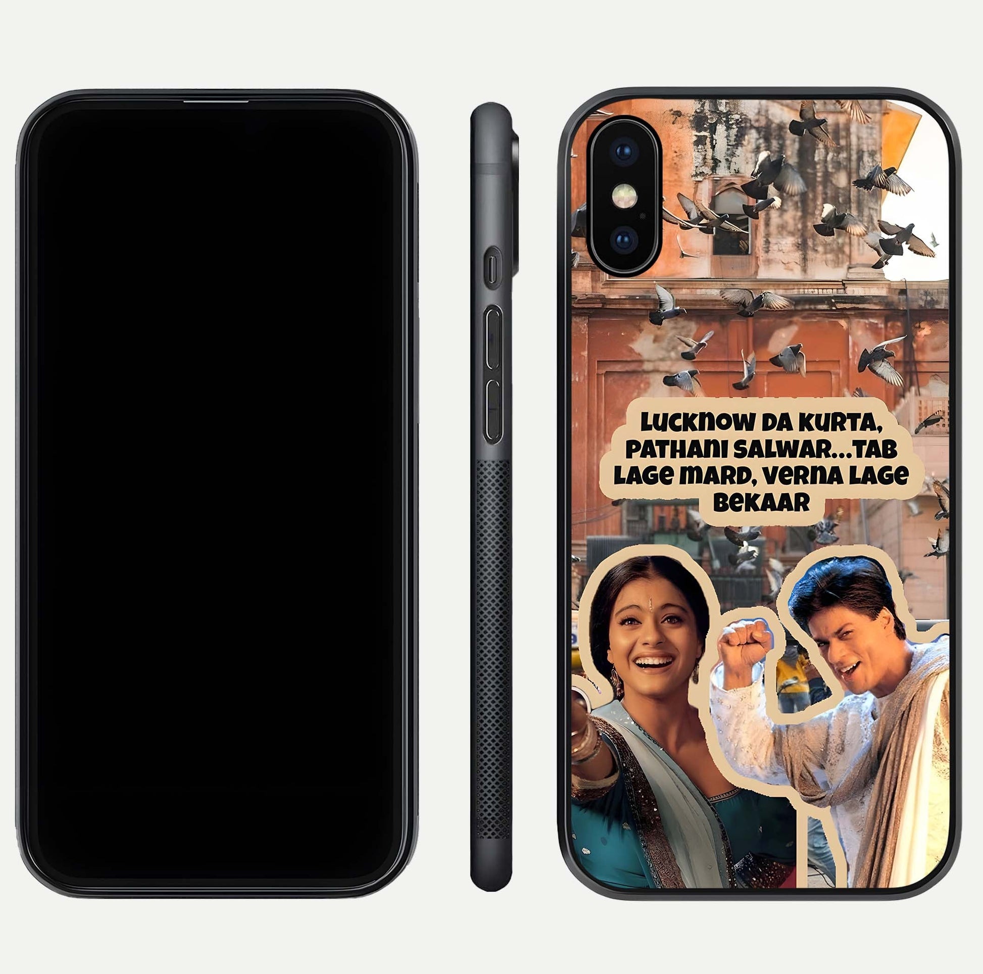 Desi Retro Vibes Glass Case for iPhone Xs Max dual-view layout showing nostalgic design and smooth glass curve
