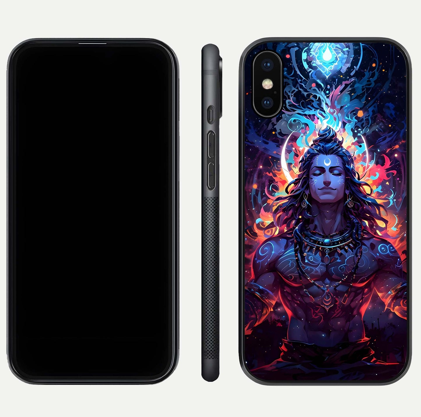 Divine Fire Shiv Glass Case for iPhone Xs Max dual-view layout displaying HD deity print and curved edges