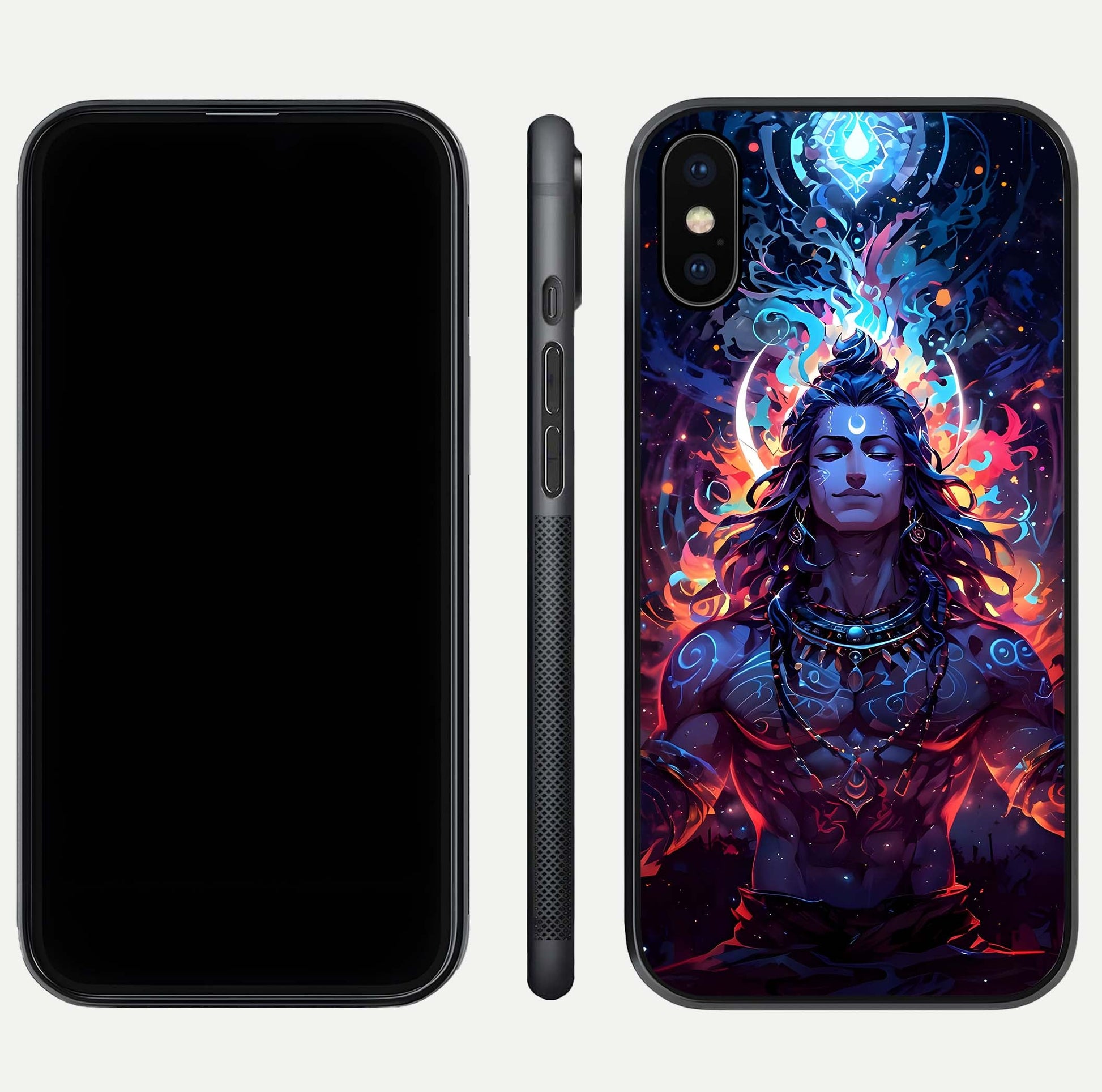 Divine Fire Shiv Glass Case for iPhone Xs Max dual-view layout displaying HD deity print and curved edges