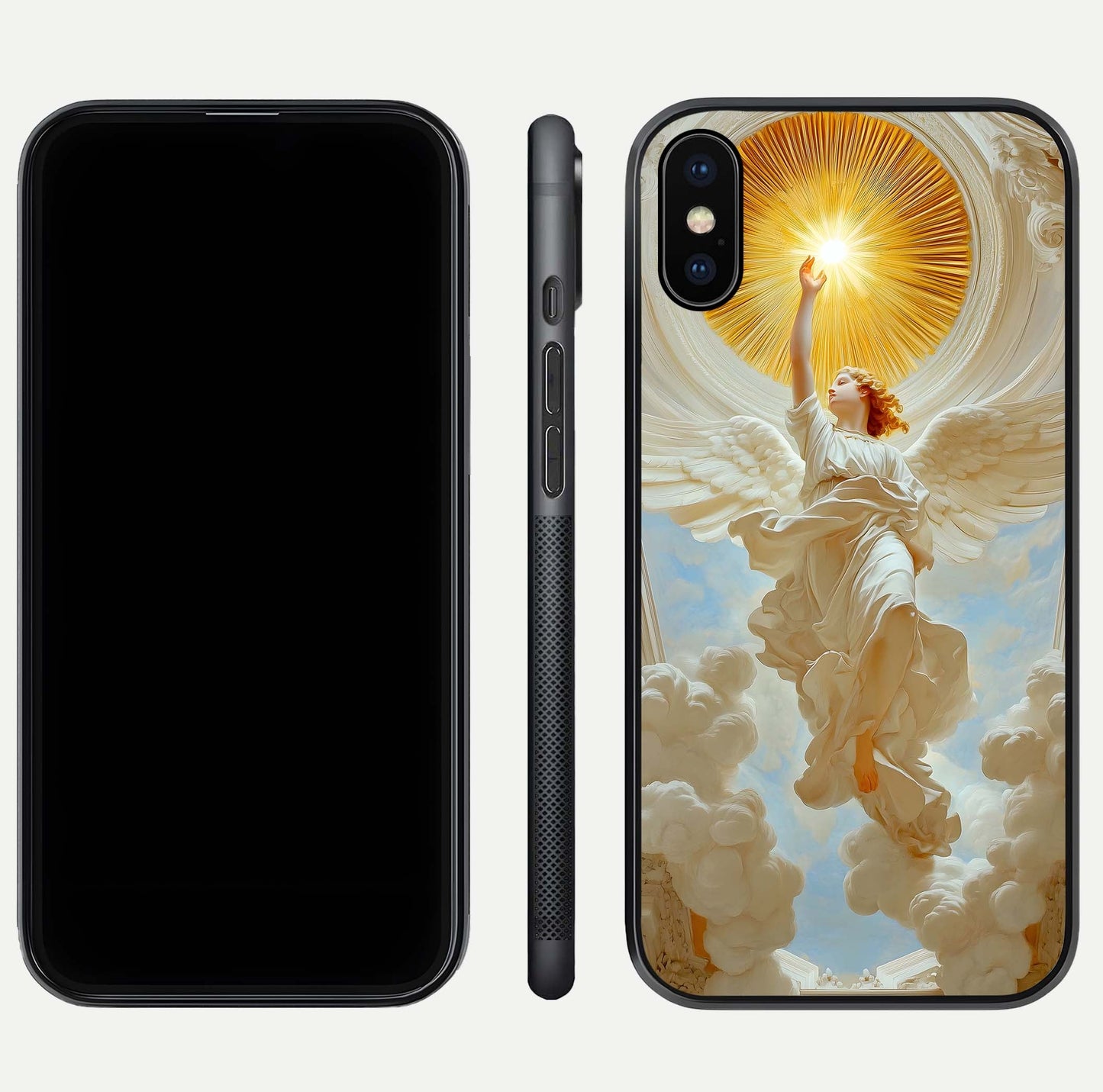 Divine Light Angel Glass Case for iPhone Xs Max dual-view layout displaying celestial tones and smooth curves