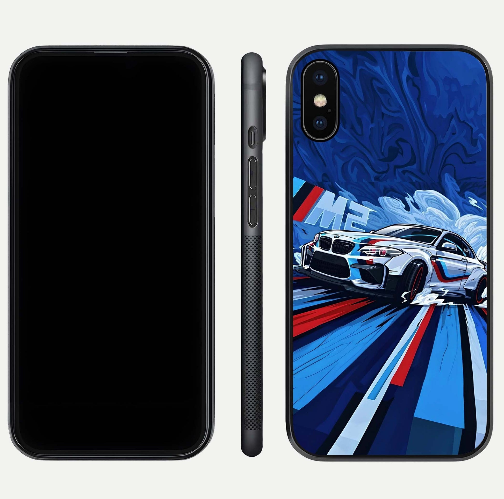 Drift Power Rush Glass Case for iPhone Xs Max dual-view layout displaying dynamic motion art and HD gloss