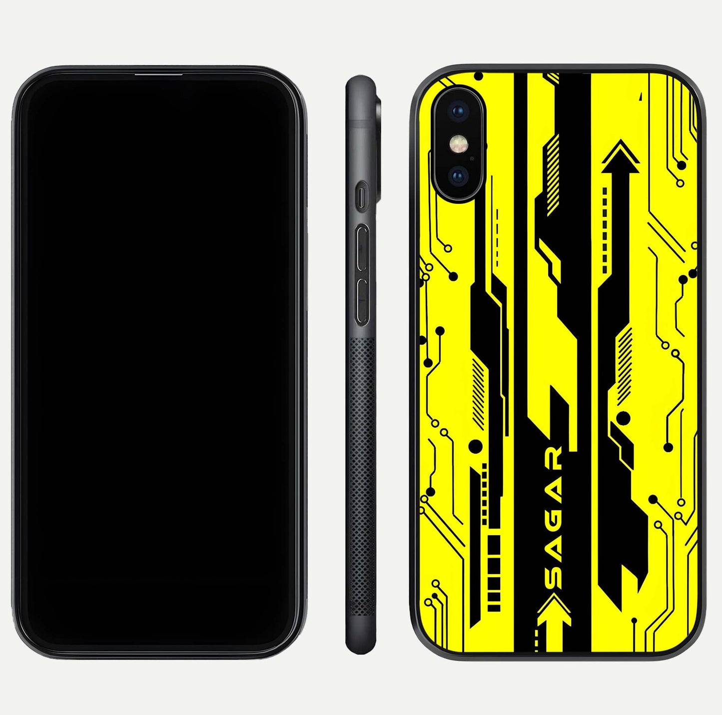 Electric Pulse CYBERPUNK Custom Name Glass Case for iPhone Xs Max dual-view layout displaying futuristic hues and curved glass edges