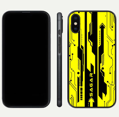 Electric Pulse CYBERPUNK Custom Name Glass Case for iPhone Xs Max dual-view layout displaying futuristic hues and curved glass edges