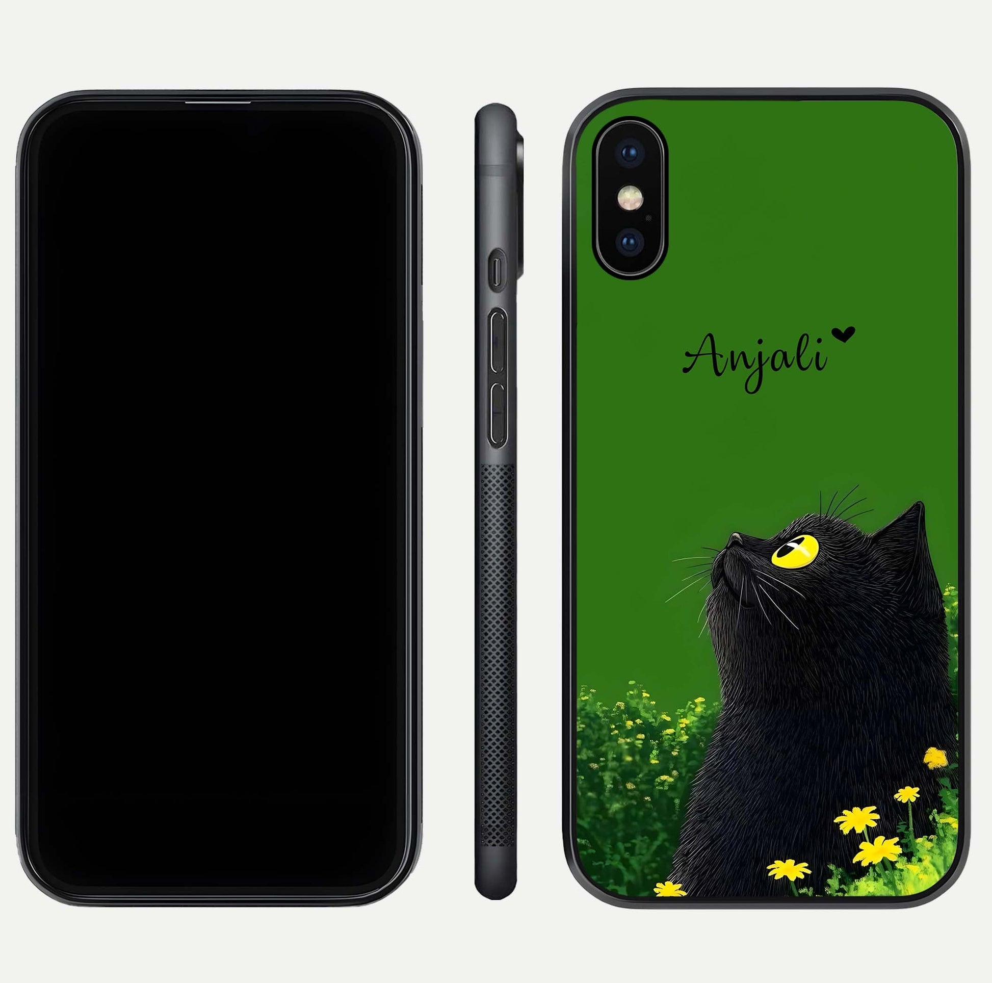 Emerald Cat Custom Name Glass Case for iPhone Xs Max dual-view layout displaying artistic tones and smooth curves