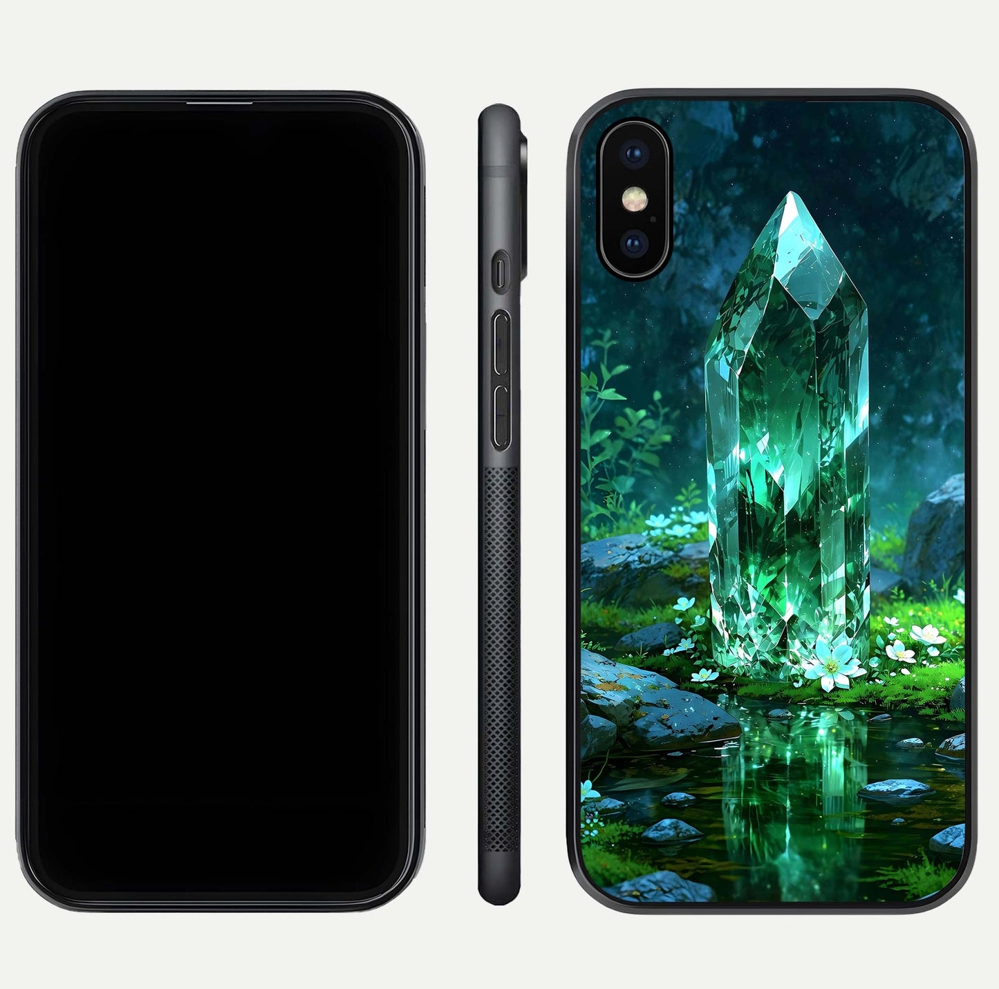 Emerald Light Crystal Glass Case for iPhone Xs Max dual-view layout displaying gem-like tones and polished edge