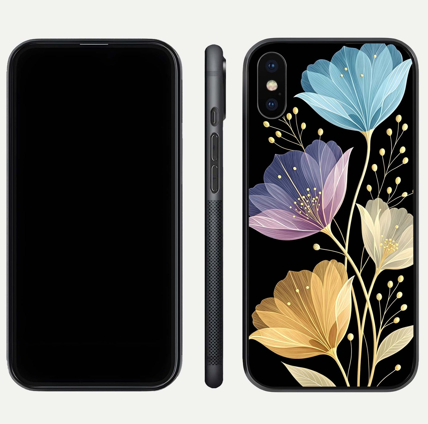 Flower Bloom Glow Glass Case for iPhone Xs Max dual-view layout displaying petal tones and curved glass edge