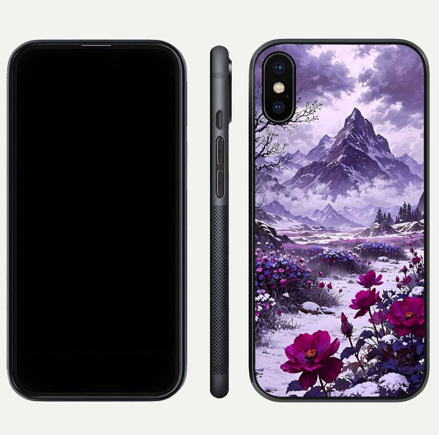 Flower Mountain View Glass Case for iPhone Xs Max dual-view layout displaying scenic tones and curved glass finish