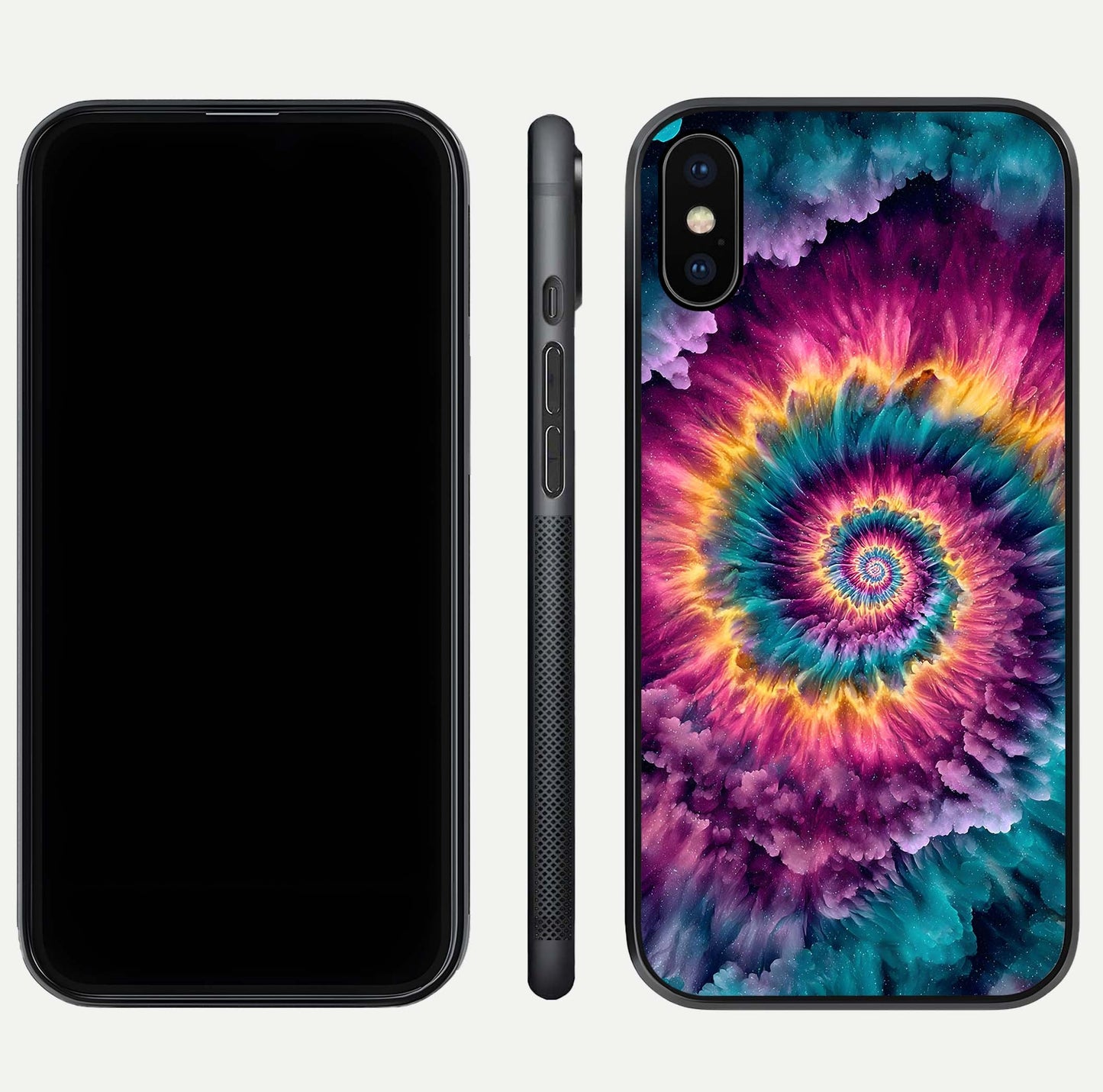 Galactic Spiral Burst Glass Case for iPhone Xs Max front and back view layout highlighting cosmic swirl and curved edges
