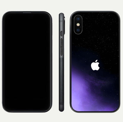 Galaxy Apple Aura Glass Case for iPhone Xs Max front and back view layout displaying cosmic tones and premium curved glass edges