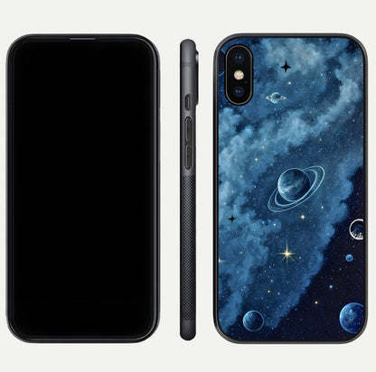Galaxy Dream Space Glass Case for iPhone Xs Max front and back view layout showing deep-space tones and curved edges