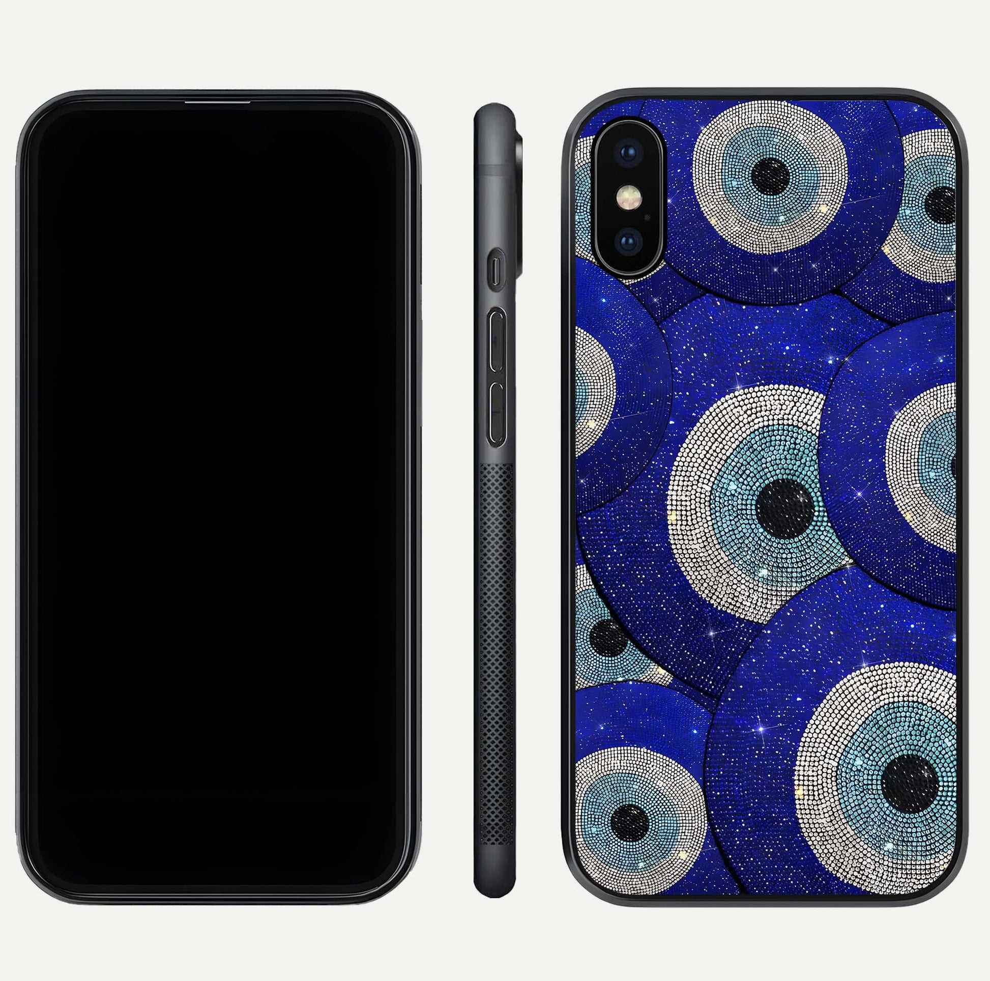 Galaxy Eye Flow Glass Case for iPhone Xs Max front and back view layout displaying cosmic art and curved glass borders