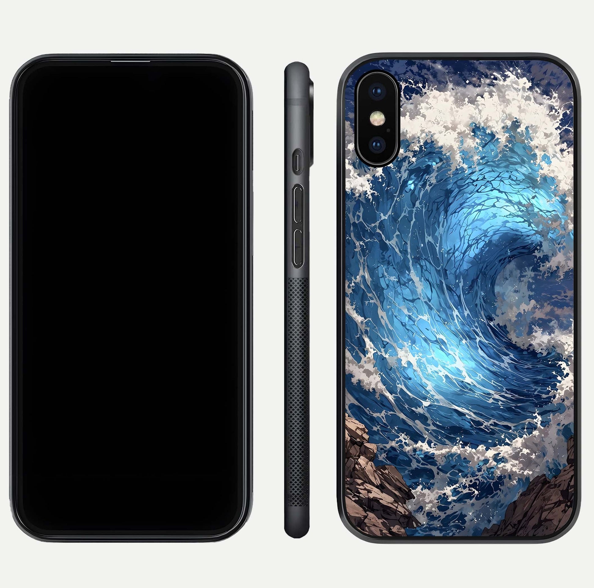 Giant Ocean Wave Glass Case for iPhone Xs Max front and back view layout displaying sea tones and smooth curved edges