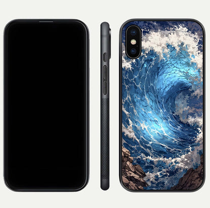 Giant Ocean Wave Glass Case for iPhone Xs Max front and back view layout displaying sea tones and smooth curved edges