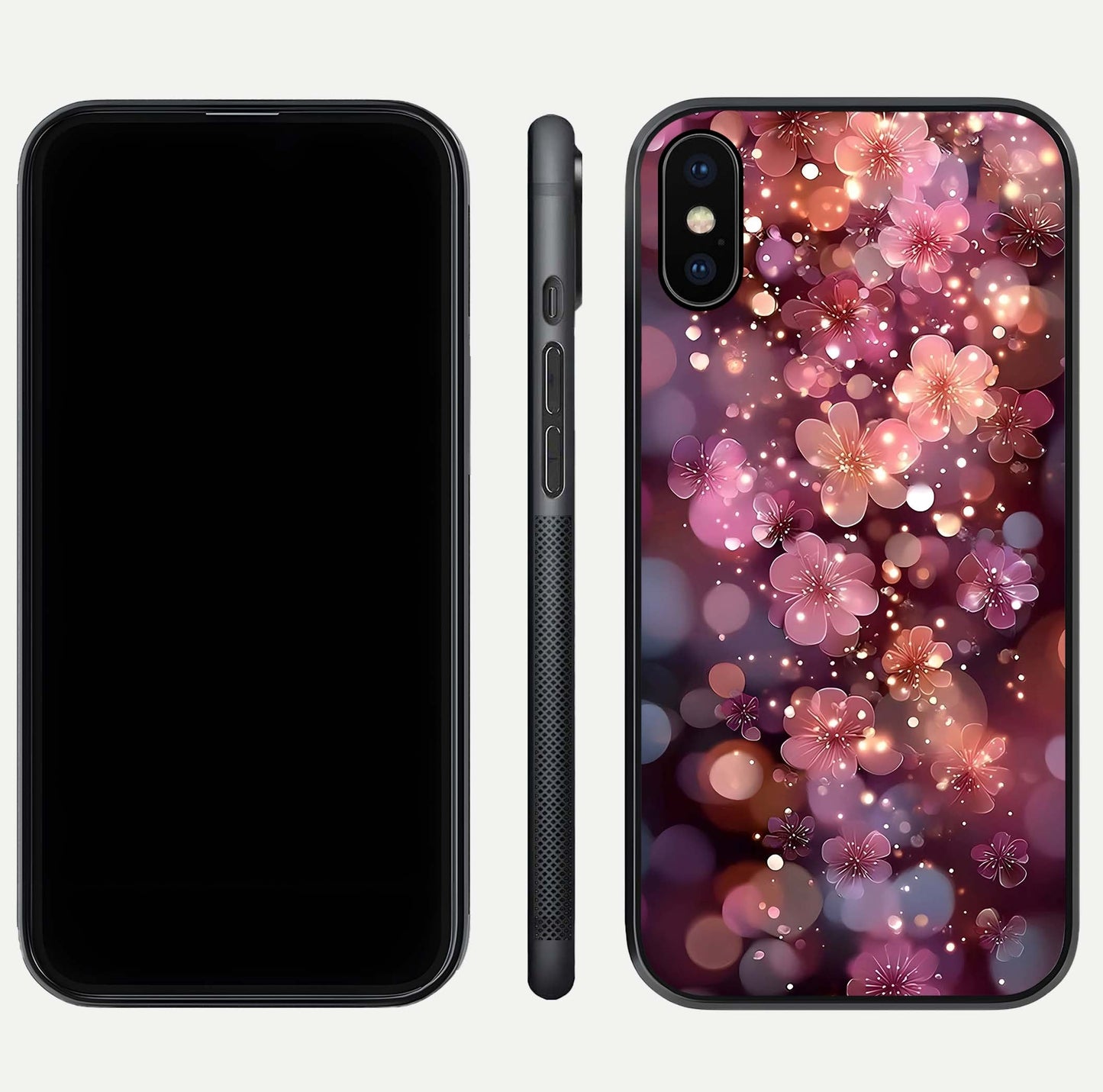 Glowing Petal Bliss Glass Case for iPhone Xs Max front and back view layout displaying artistic floral design and curved glass