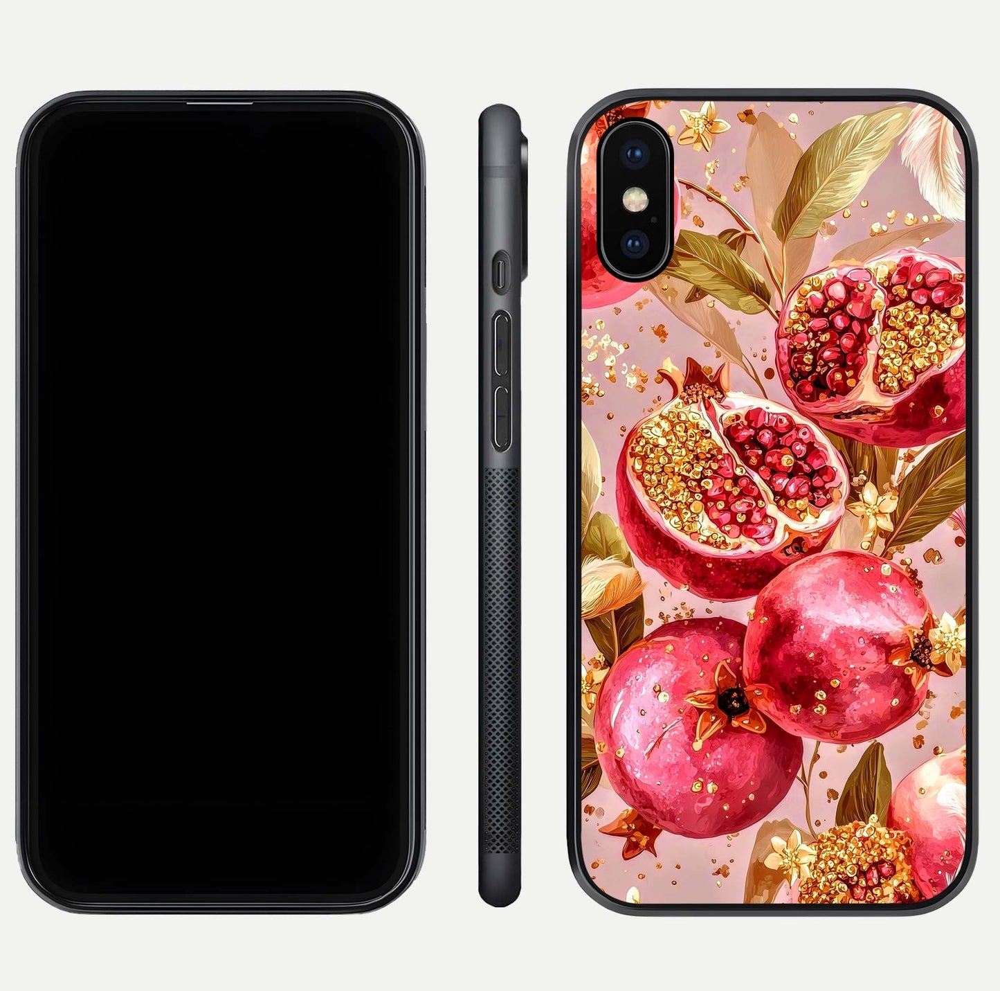 Golden Bloom Glow Glass Case for iPhone Xs Max front and back view layout highlighting luxury floral pattern and curved edges