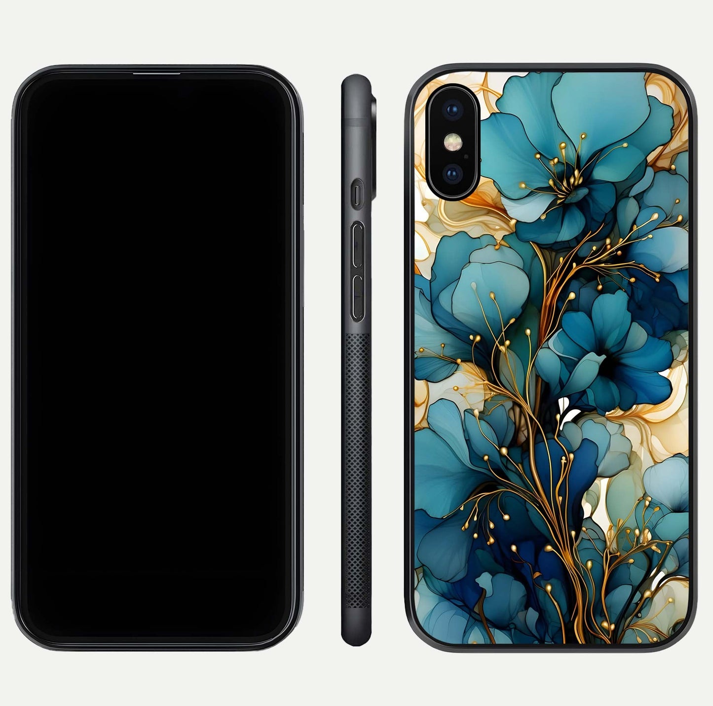 Golden Bloom Symphony Glass Case for iPhone Xs Max front and back view layout highlighting rich floral tones and curved glass edges