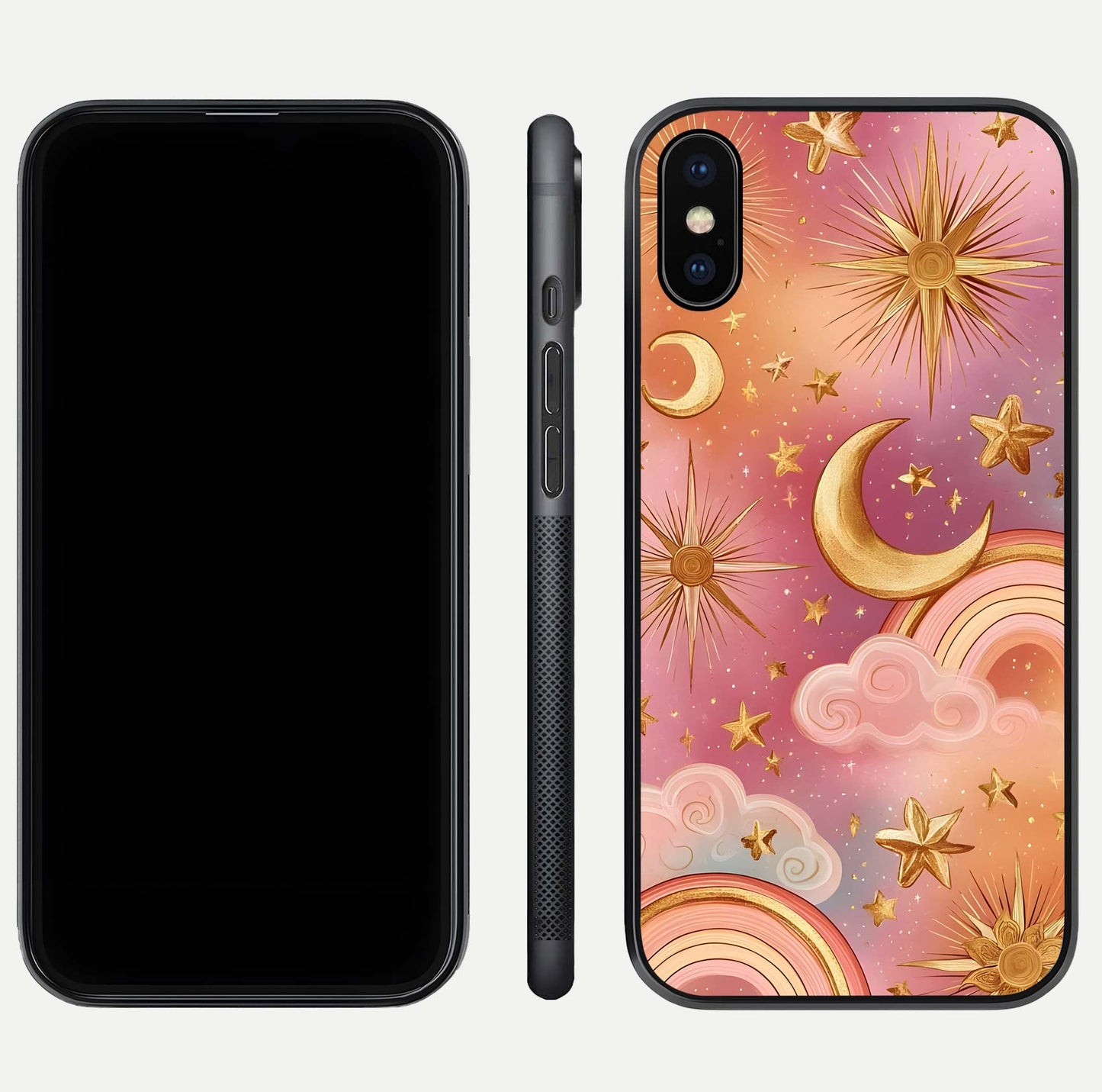 Golden Celestial Dreams Glass Case for iPhone Xs Max front and back view layout highlighting celestial motifs and smooth curved edge