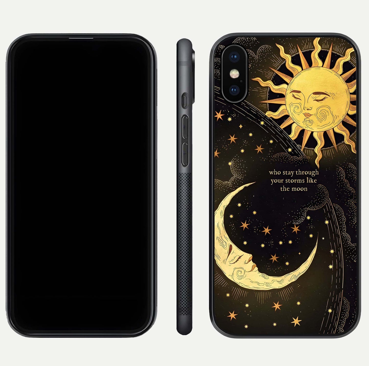 Golden Lunar Love Glass Case for iPhone Xs Max front and back view layout highlighting celestial tones and curved edges