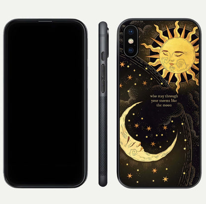 Golden Lunar Love Glass Case for iPhone Xs Max front and back view layout highlighting celestial tones and curved edges