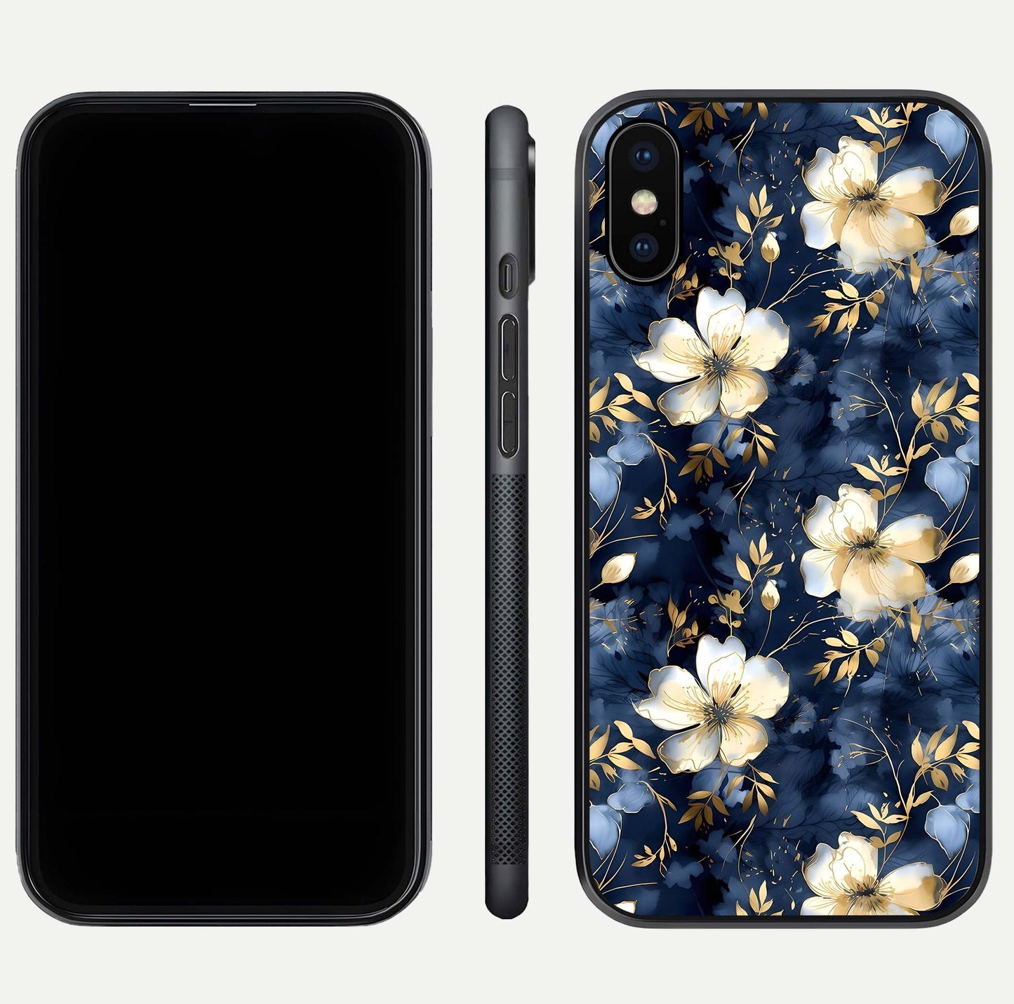 Golden Midnight Bloom Glass Case for iPhone Xs Max front and back view layout highlighting dark-gold tones and smooth curves