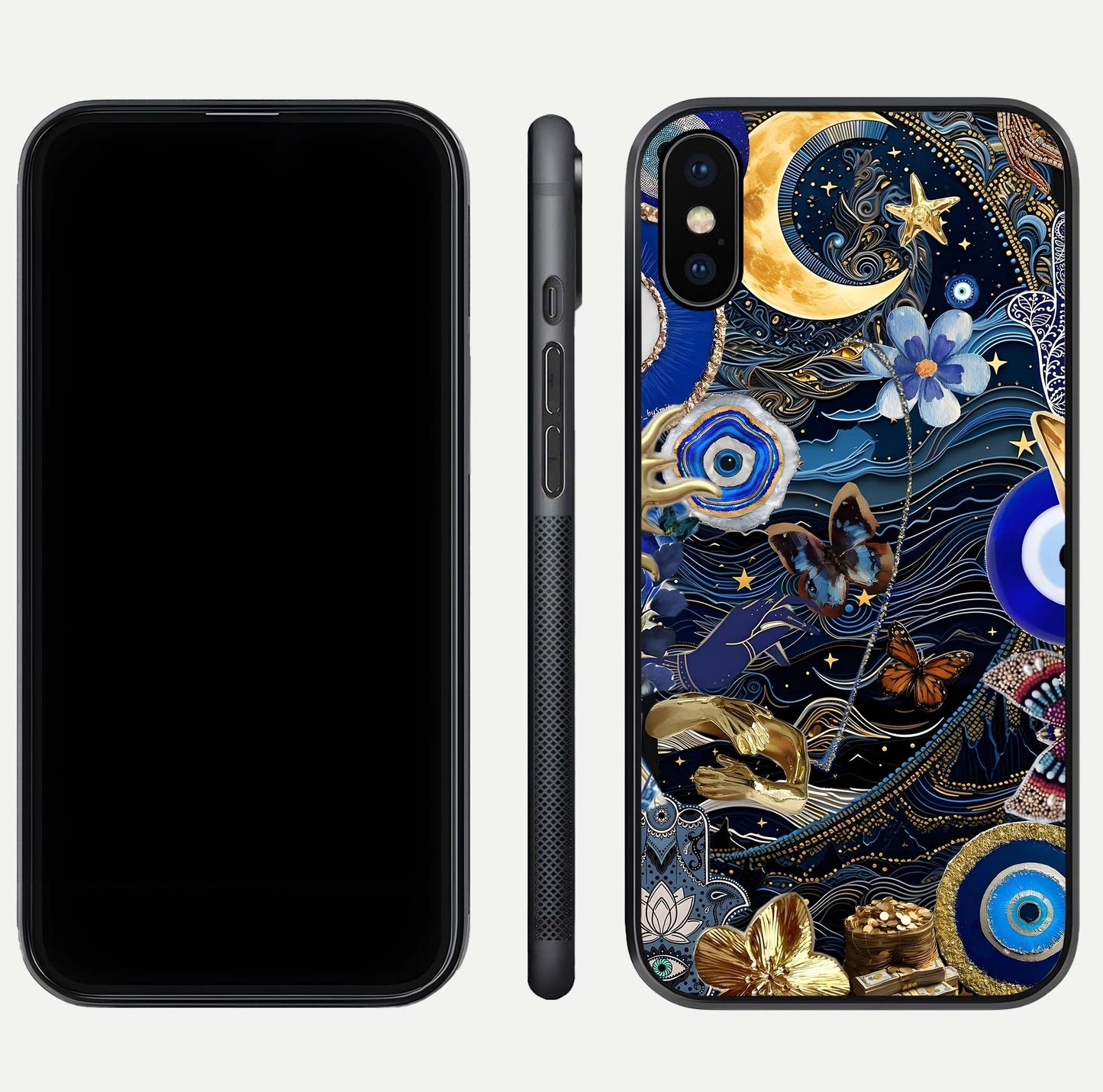 Golden Moon Magic Glass Case for iPhone Xs Max front and back view layout highlighting celestial tones and curved glass