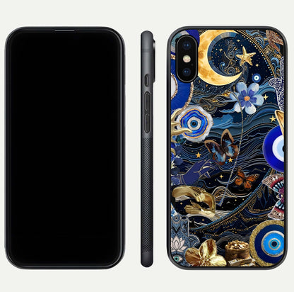 Golden Moon Magic Glass Case for iPhone Xs Max front and back view layout highlighting celestial tones and curved glass