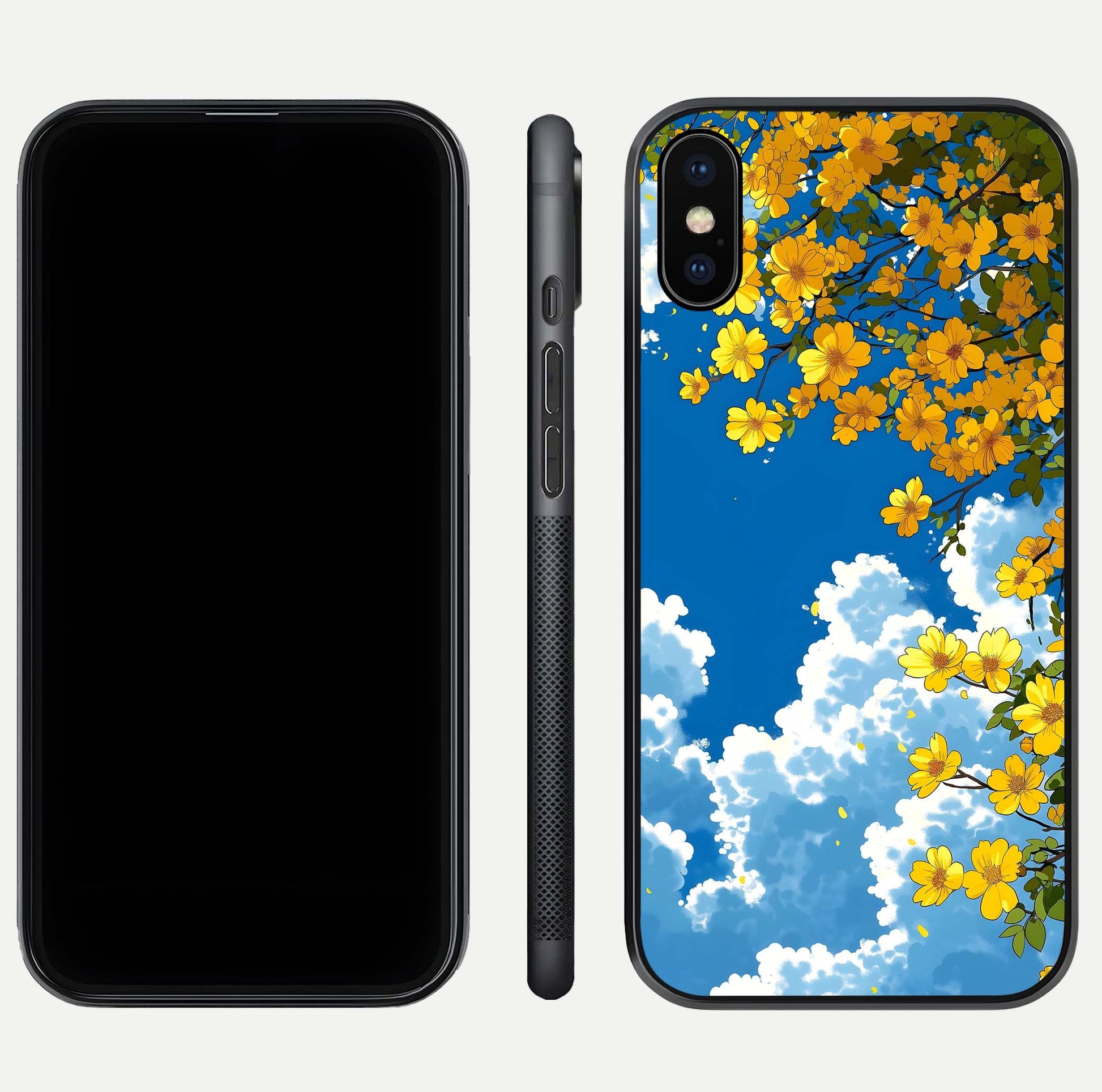 Golden Petal Sky Glass Case for iPhone Xs Max front and back view layout highlighting floral pattern and curved glass edges