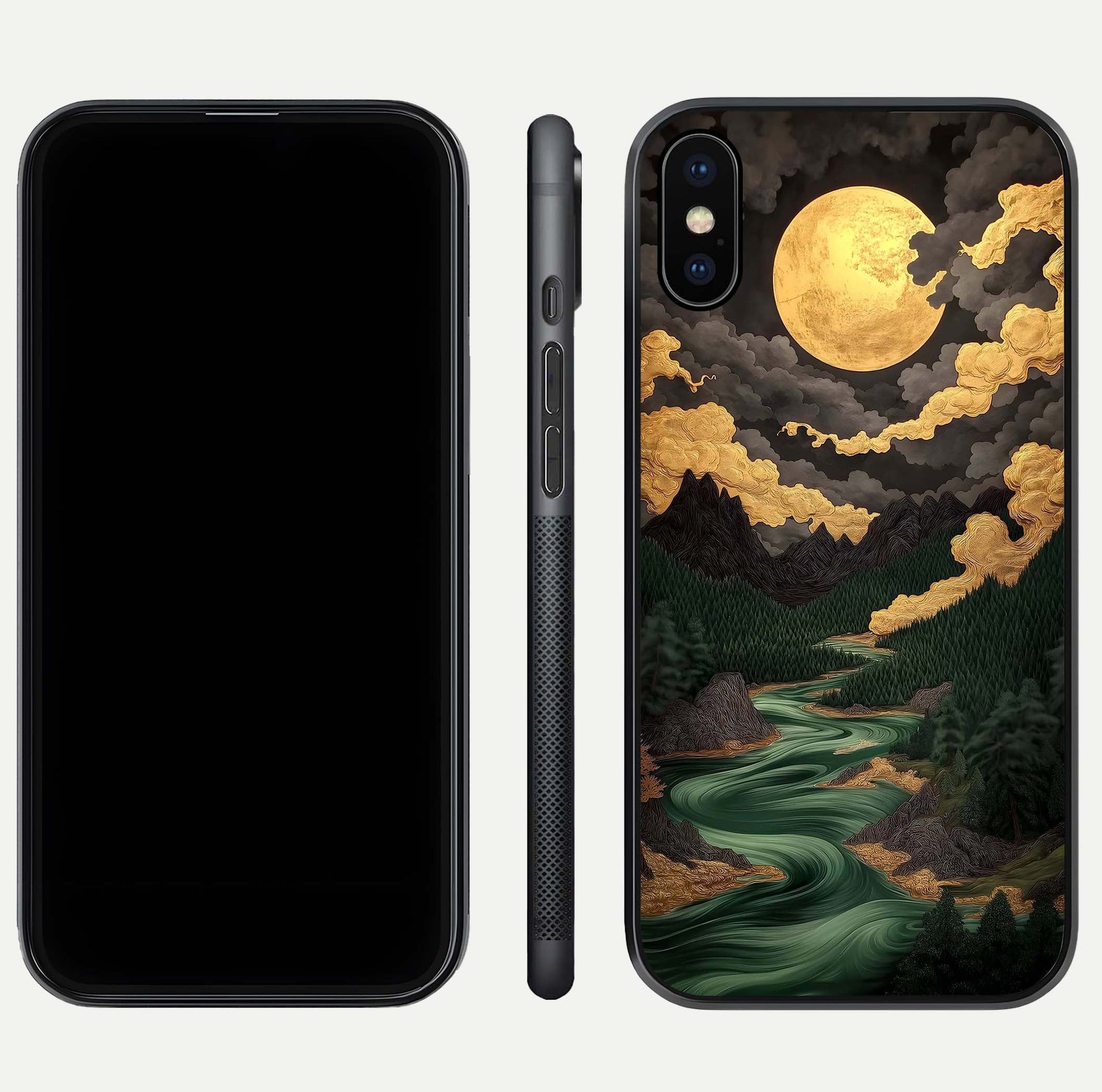 Golden River Moon Glass Case for iPhone Xs Max front and back view layout displaying celestial glow and smooth curves