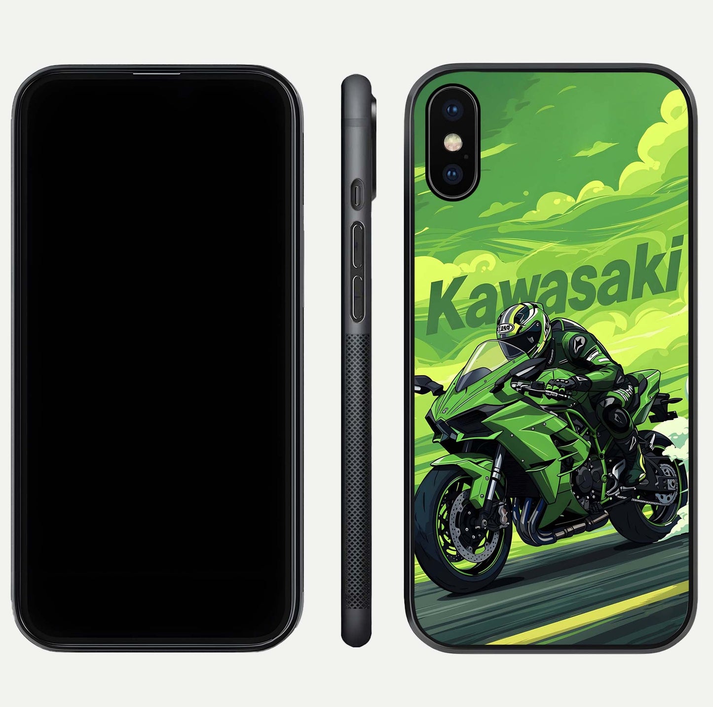 Green Kawasaki Glass Case for iPhone Xs Max front and back view layout highlighting vivid green tones and curved glass edges