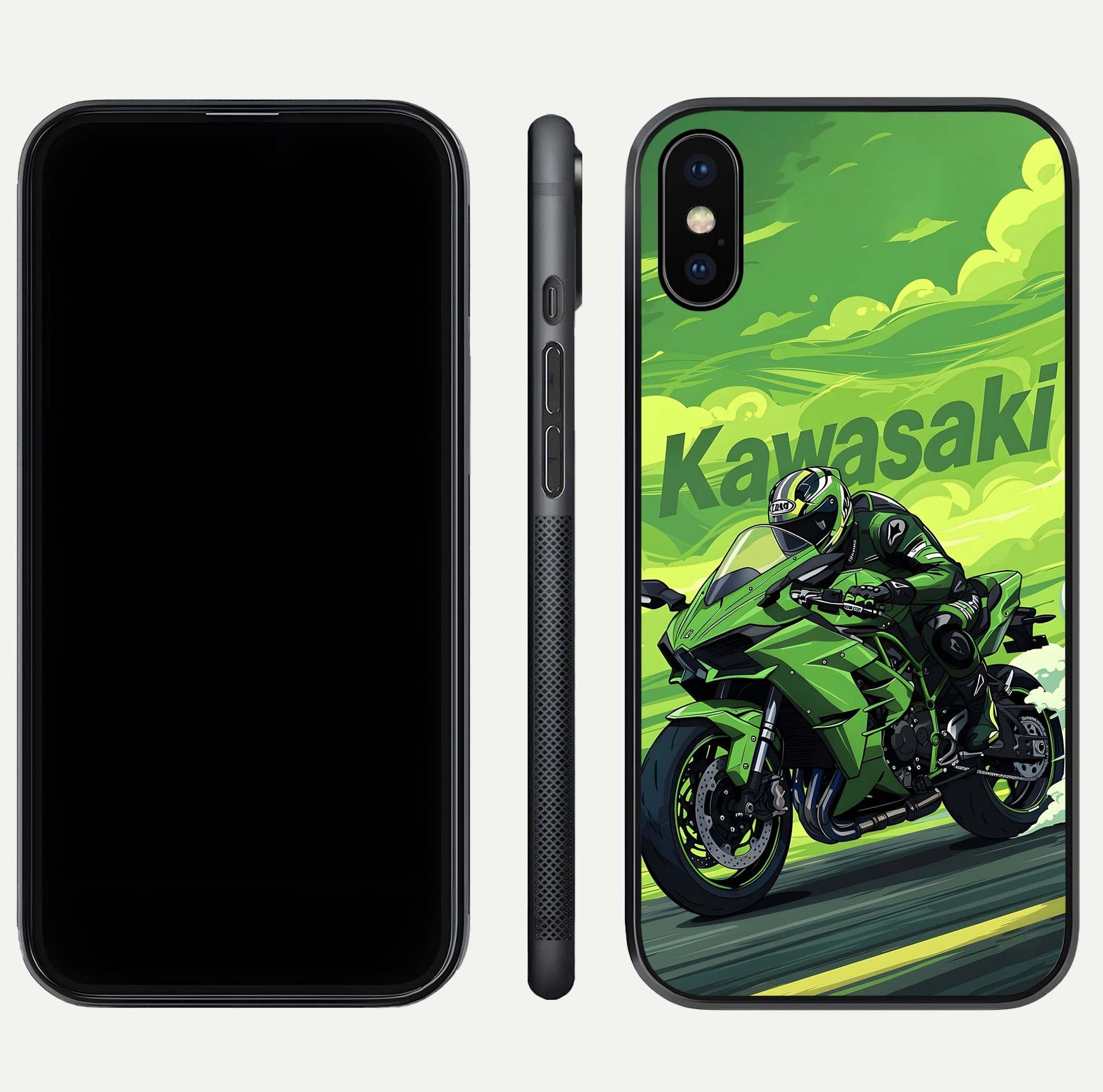 Green Kawasaki Glass Case for iPhone Xs Max front and back view layout highlighting vivid green tones and curved glass edges
