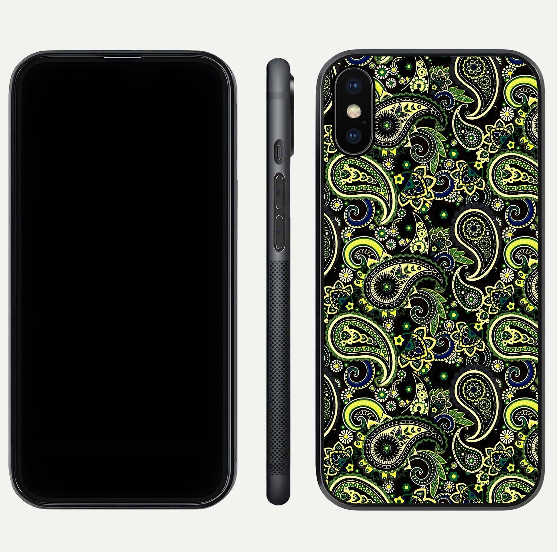 Green Mandala Pattern Glass Case for iPhone Xs Max front and back view layout highlighting geometric art and curved glass