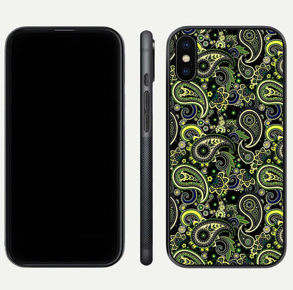 Green Mandala Pattern Glass Case for iPhone Xs Max front and back view layout highlighting geometric art and curved glass