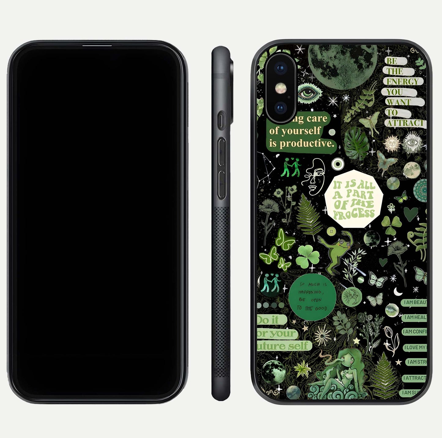 Green Moon Energy Glass Case for iPhone Xs Max front and back view layout highlighting cosmic tones and smooth edges
