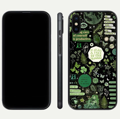 Green Moon Energy Glass Case for iPhone Xs Max front and back view layout highlighting cosmic tones and smooth edges