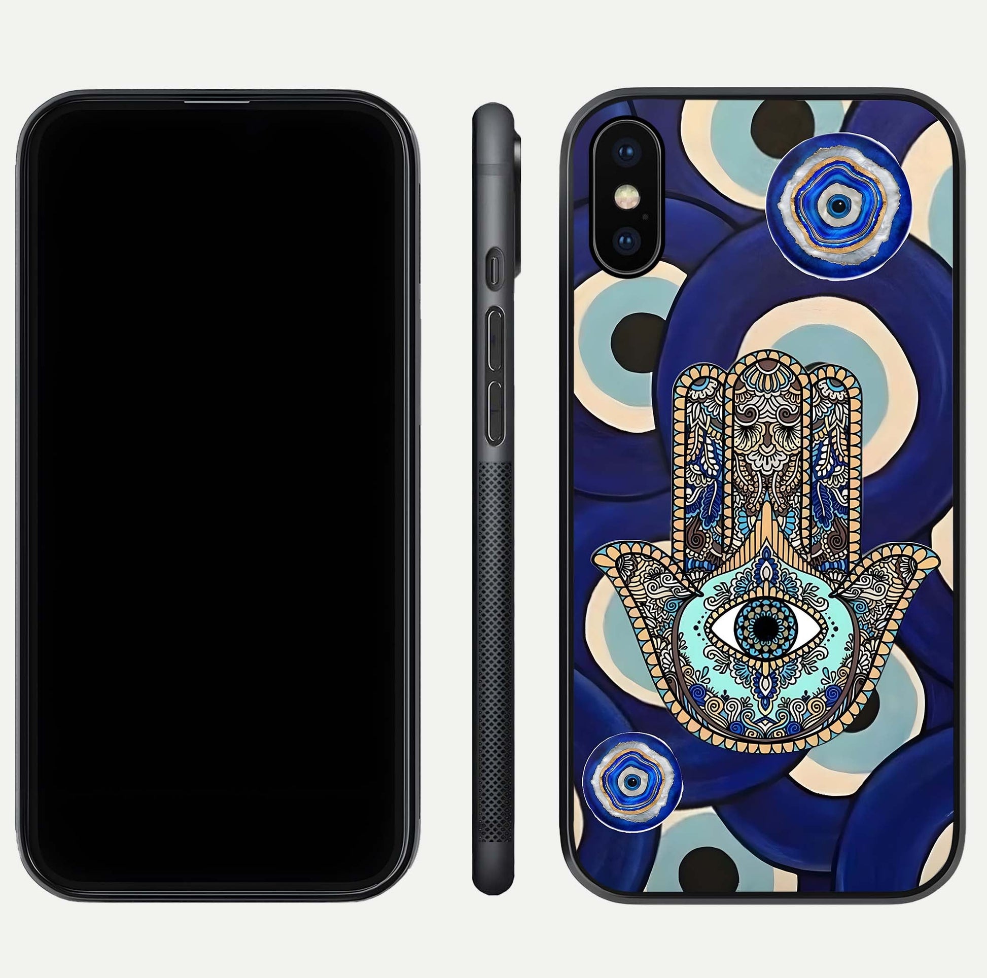 Hamsa Divine Guard Glass Case for iPhone Xs Max front and back view layout highlighting spiritual artwork and smooth edges
